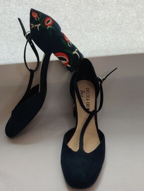 chelsea crew Navy Suede T-Strap Block Heels with Floral Embroidery